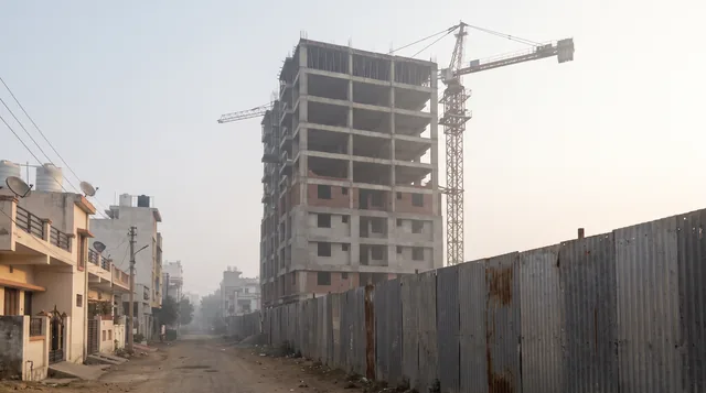 An unfinished concrete apartment tower with open upper floors and an idle tower crane stands behind a corrugated metal fence at the end of a quiet residential lane in morning haze.