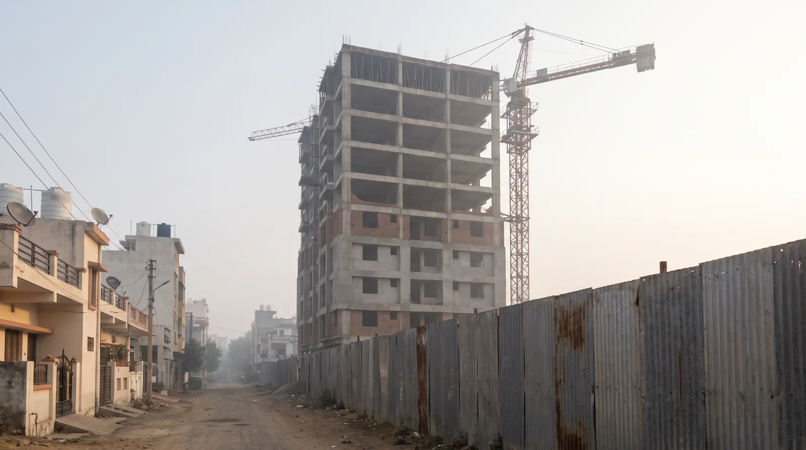 An unfinished concrete apartment tower with open upper floors and an idle tower crane stands behind a corrugated metal fence at the end of a quiet residential lane in morning haze.