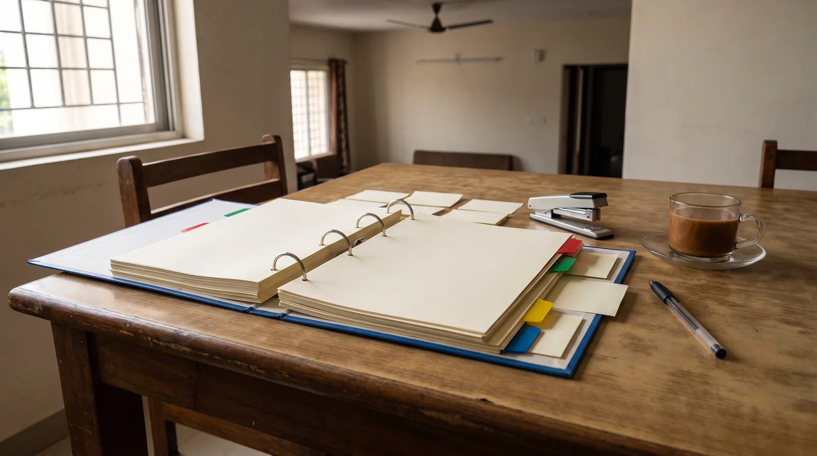 An open blue ring binder of blank cream sheets with coloured tab dividers on a wooden dining table, a stapler, a pen and a glass of tea beside it.