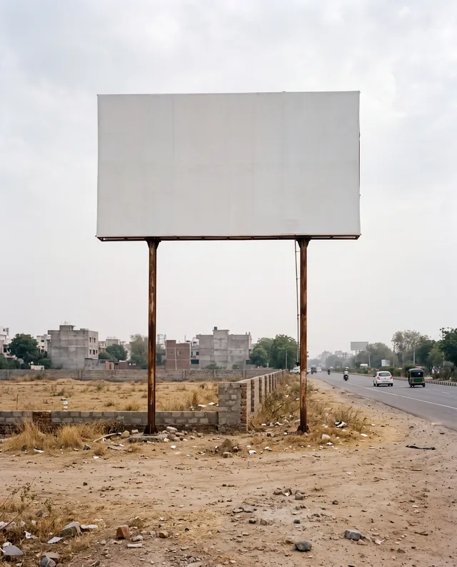 A blank white hoarding on two rusted steel posts stands over a dry, walled plot beside a highway on the edge of a city