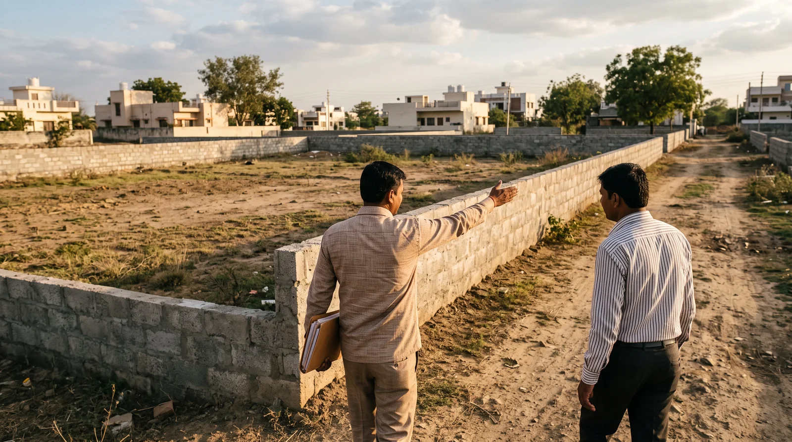 A man holding a folder of papers points across a walled, empty plot while a second man in a striped shirt looks on, houses in the background at golden hour.