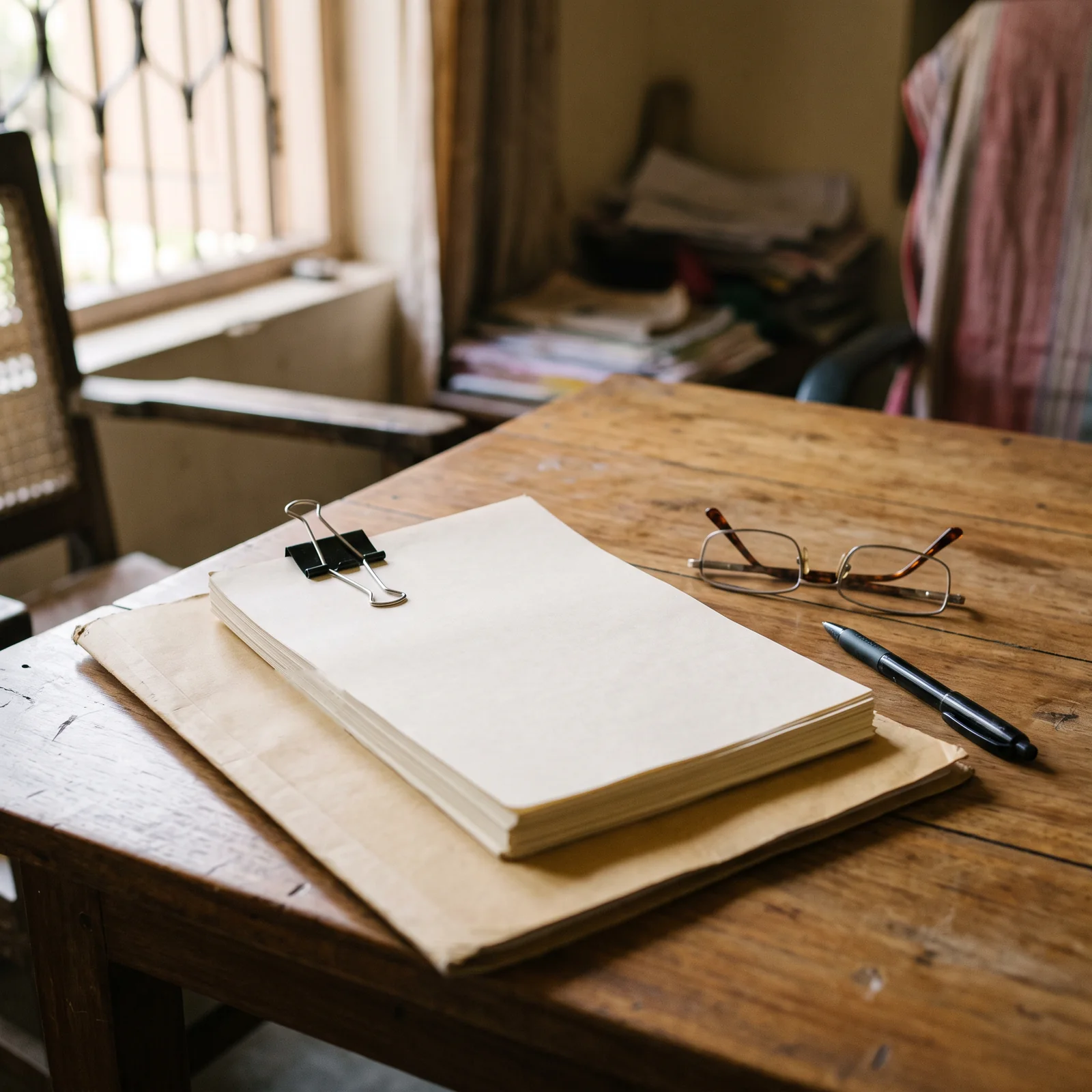 A clipped stack of blank papers sits on a brown envelope on a worn wooden table, with reading glasses and a pen beside it.