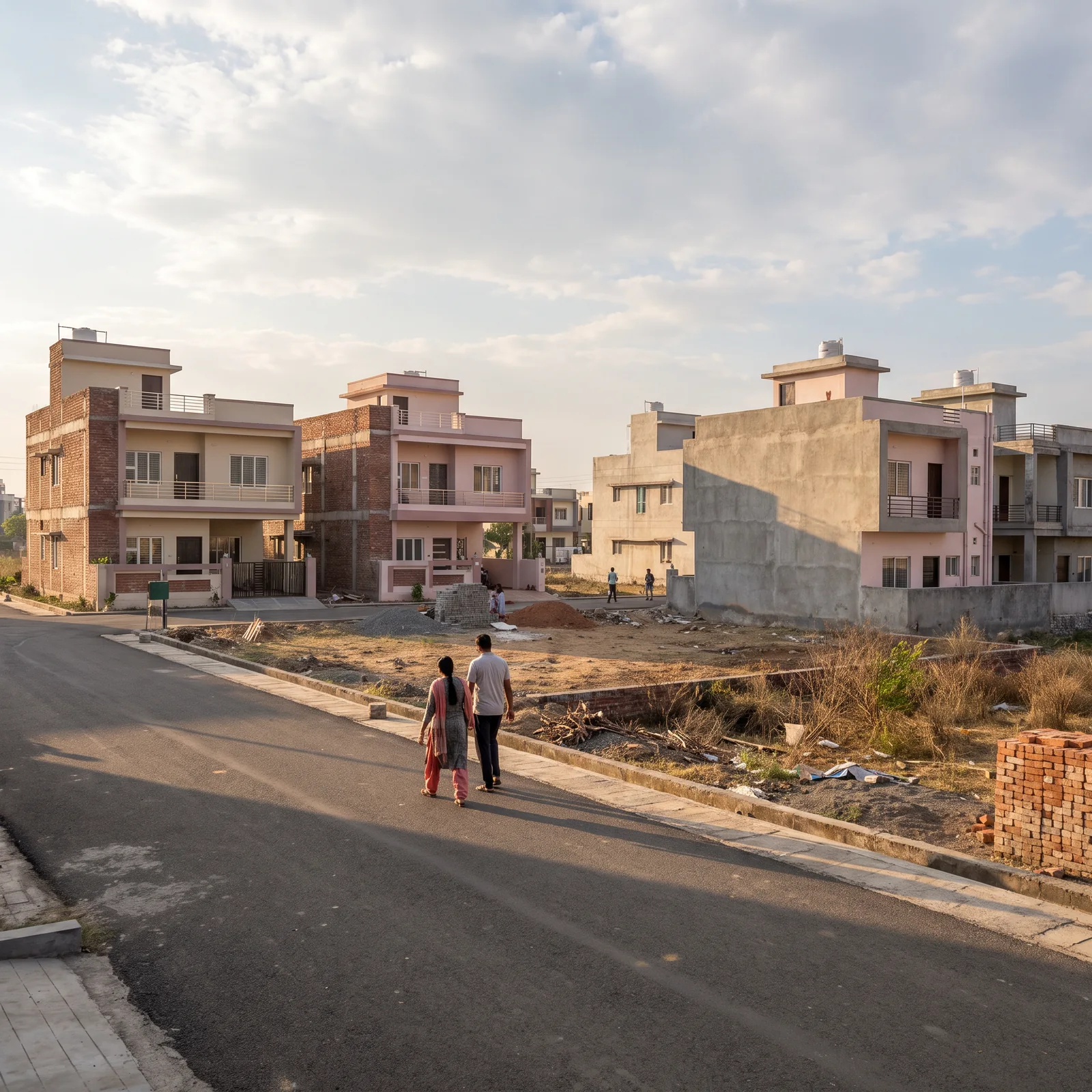 A couple walks along a newly paved colony road past finished two-storey houses and an empty plot with bricks stacked at its edge.