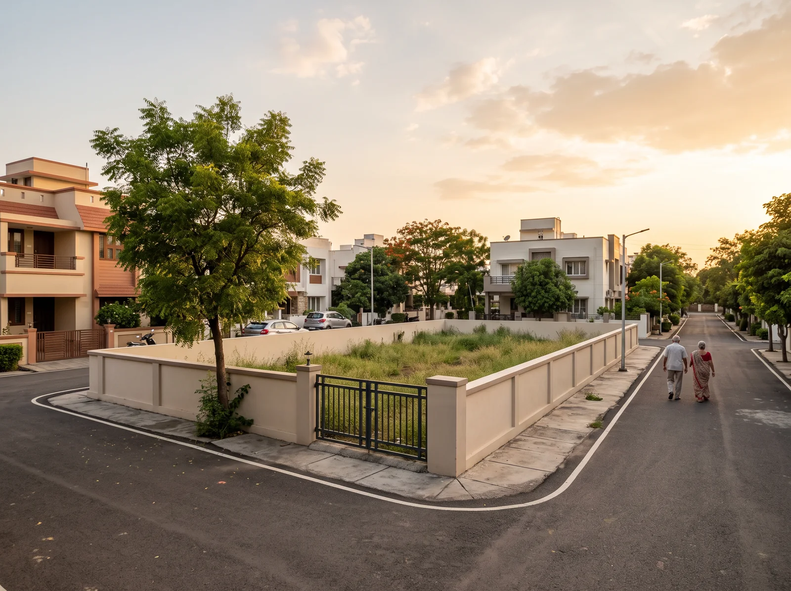 A walled corner plot with a small iron gate and a tree stands between two paved roads in a colony of finished houses, an elderly couple walking past.