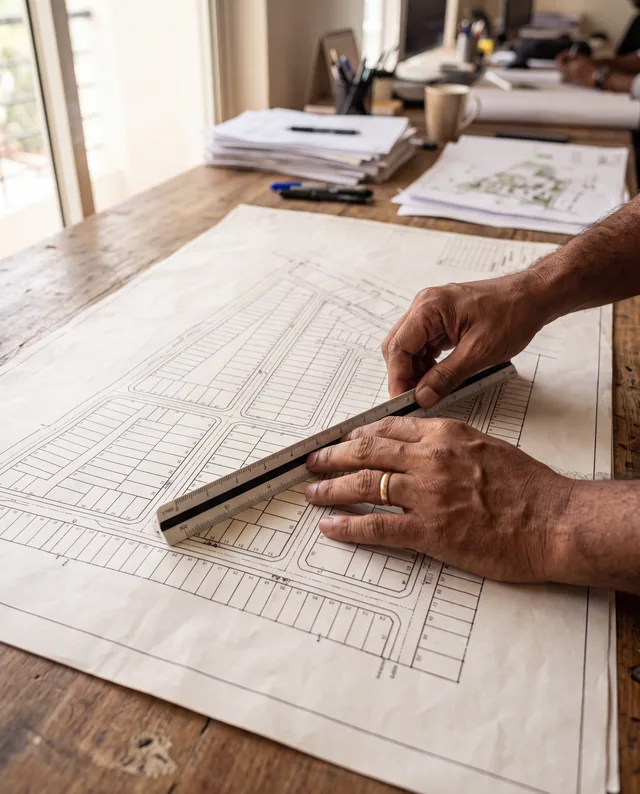 A man's hands hold a triangular scale rule across a printed layout plan of numbered plots on a wooden desk.