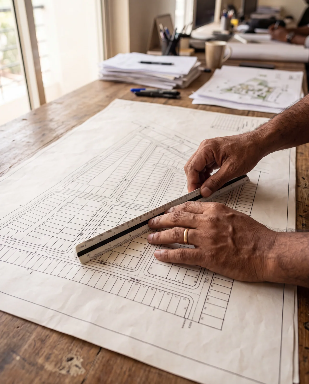 A scale rule being used to read a numbered layout plan.