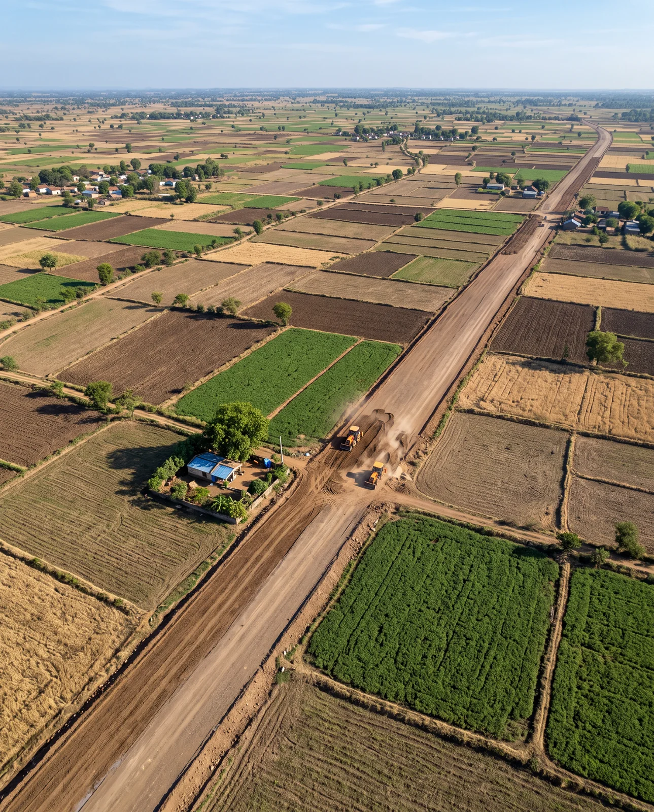 From the air, a freshly graded earth road cuts straight across a patchwork of green and brown fields, two machines working beside a small farmhouse.