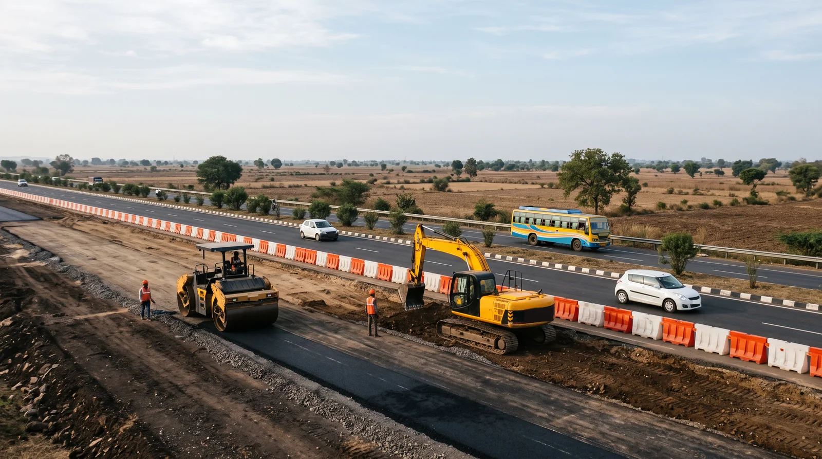 A road roller and a yellow excavator work on a new lane beside a busy four-lane highway, orange and white barriers between them, flat farmland beyond.