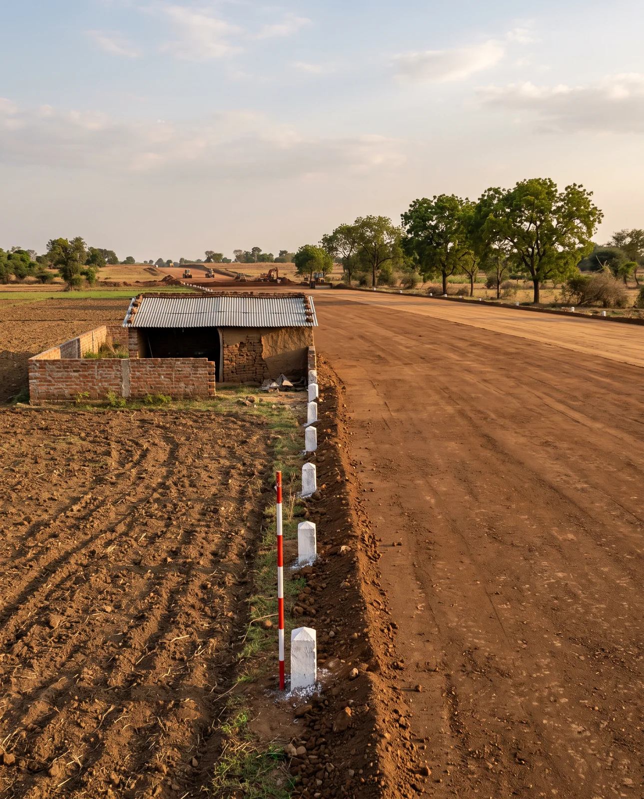 A row of white boundary stones and a red-and-white ranging pole run between a ploughed field with a small brick shed and a wide new earth road.
