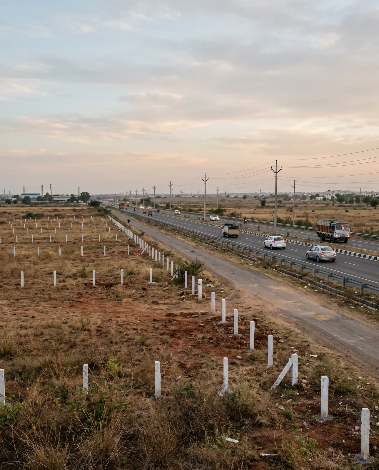 Rows of white pillars mark out empty plots in dry grass beside a highway service lane, with cars and a truck on the main carriageway at dusk.