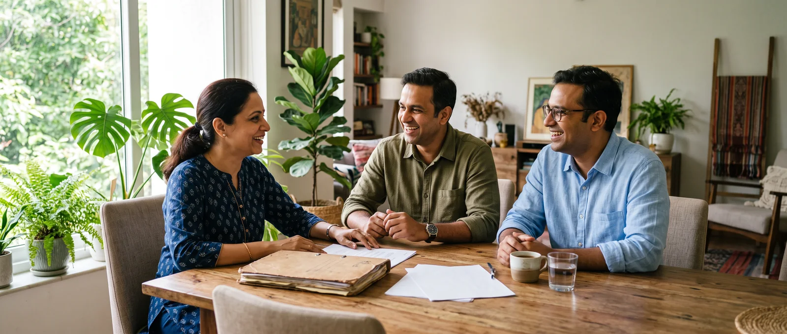 A woman and two men sit smiling at a wooden dining table with an old file and a few sheets of paper in front of them.