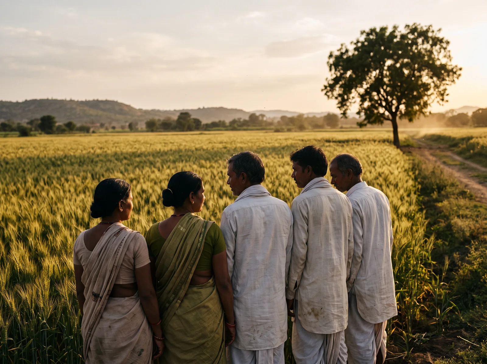 Two women and three men, seen from behind, stand together at the edge of a wheat field at sunset, talking.