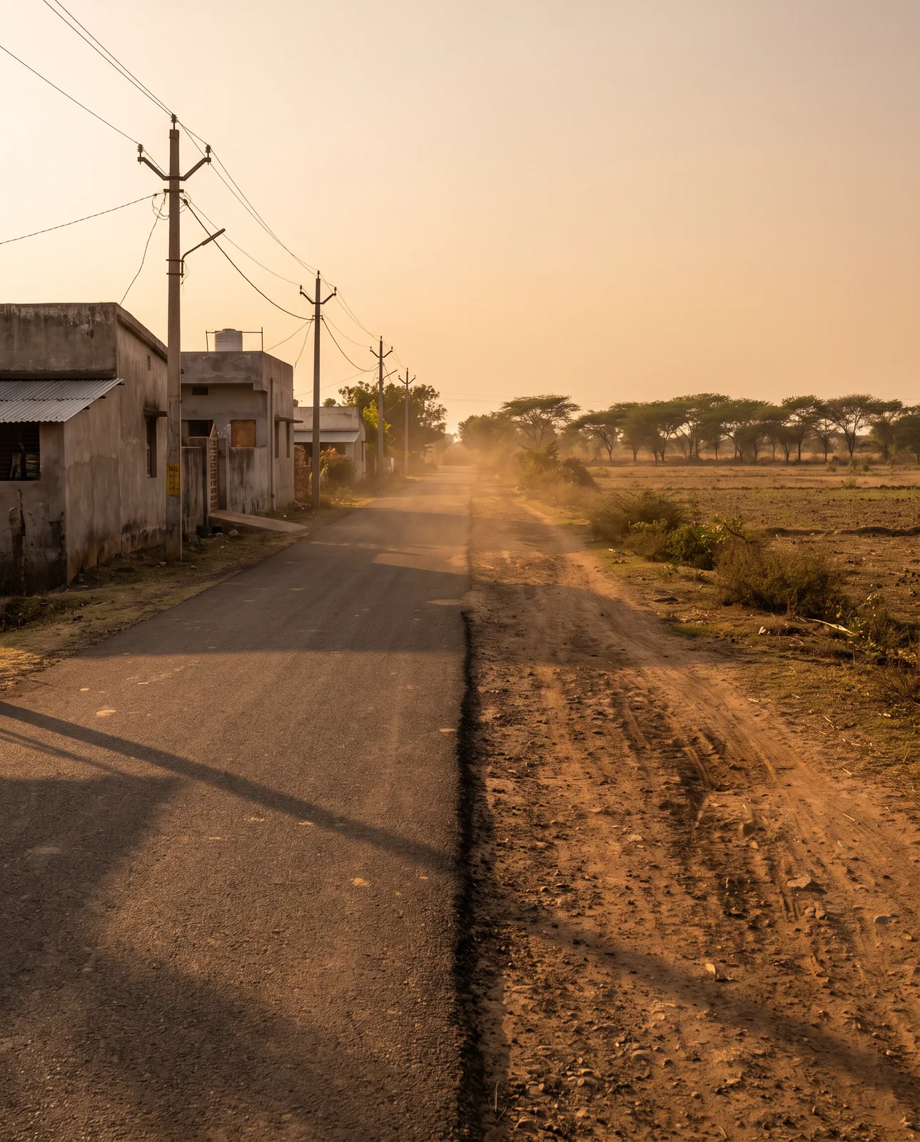 A tarmac road with houses and electricity poles on one side gives way to a dirt track beside open fields at sunset.