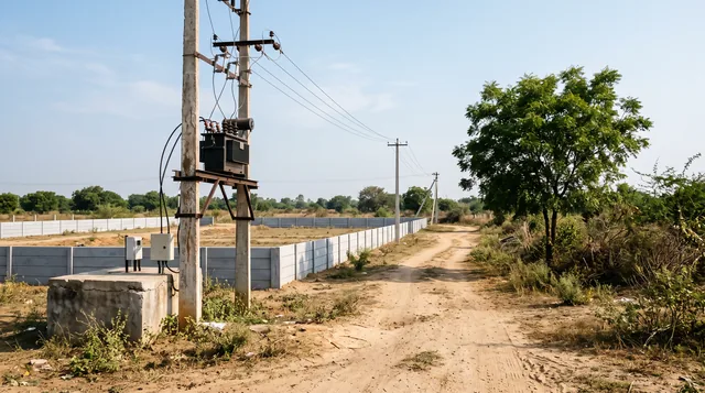 A distribution transformer mounted between two concrete poles at the entrance to a walled colony, with a sandy track running in past a neem tree and a long boundary wall.