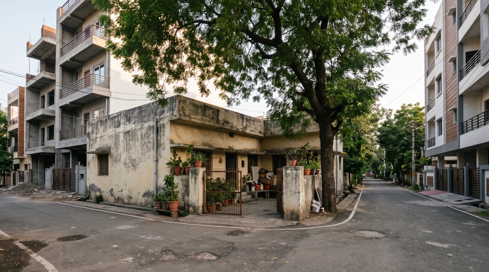 A weathered single-storey house with potted plants at its gate sits on a street corner under a large neem tree, with four-storey apartment buildings on either side.