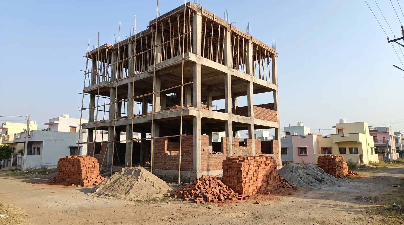 A four-storey concrete frame with bamboo scaffolding rises on a colony plot, brick walls begun on the lower floors and stacks of bricks and sand in front.