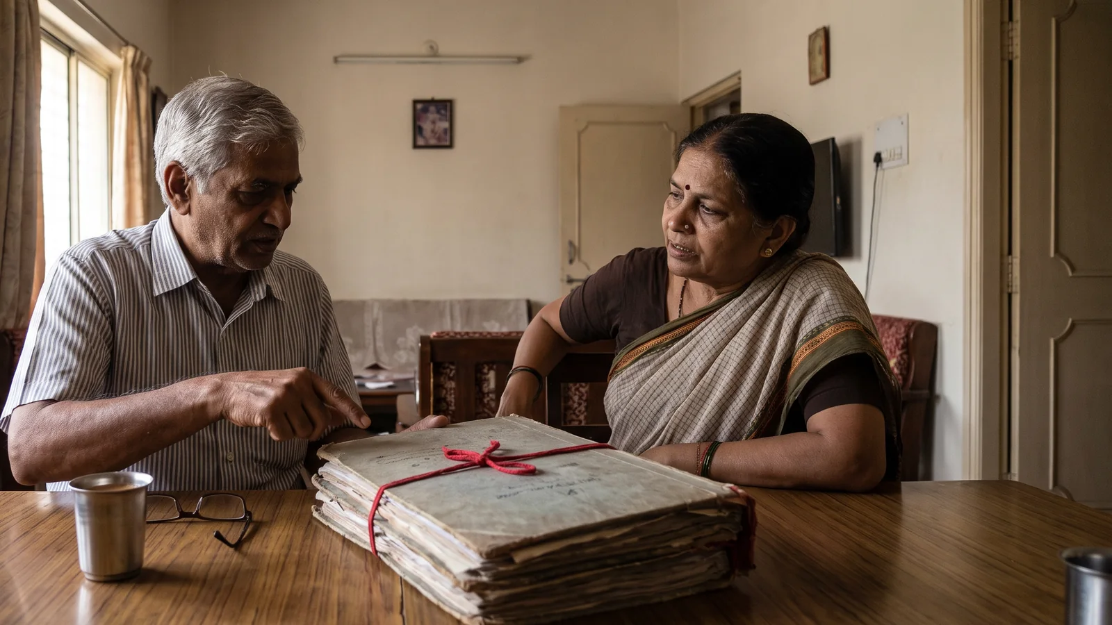 An older couple talk across a dining table at home, the man pointing at a thick old file tied with red string, a steel tumbler and glasses beside it.