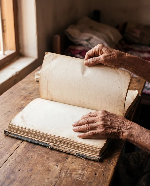 An elderly pair of hands turning the ruled pages of a worn cloth-bound register on a wooden table by a window.