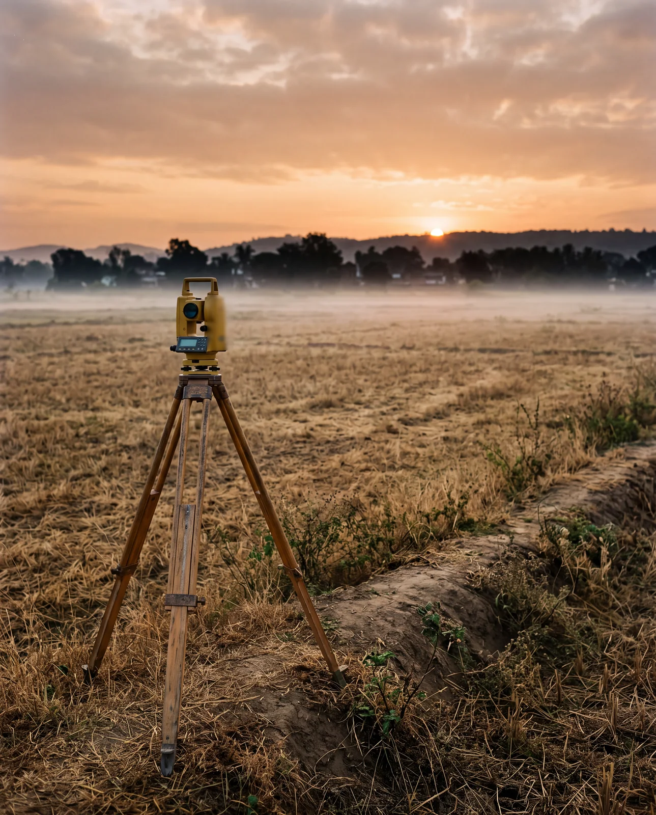 A surveyor's theodolite on a wooden tripod standing in a stubble field at sunrise, mist lying over the ground behind it.