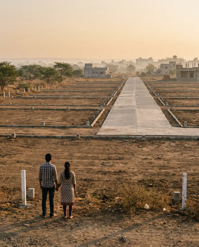A young couple holding hands on bare ground, looking out over rows of marked plots and a concrete road at sunrise