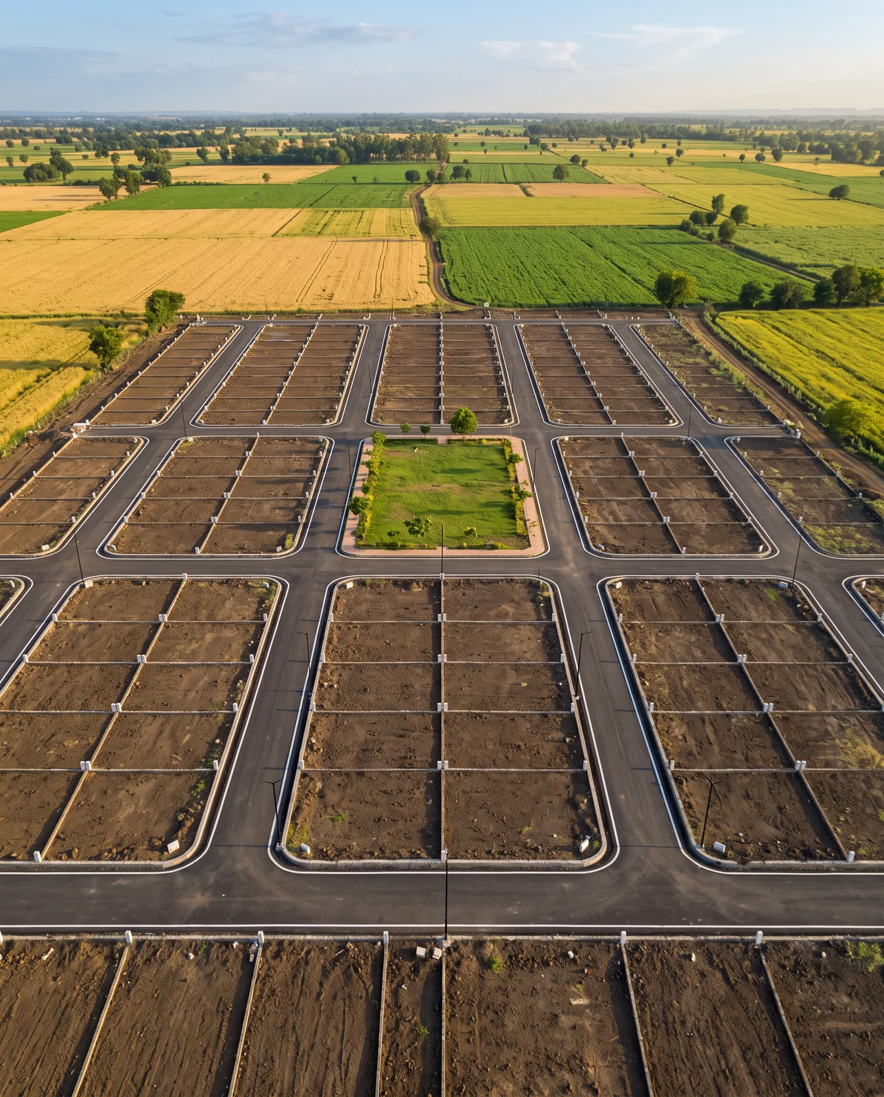 An aerial view of a freshly laid-out plotted scheme on former farmland, with paved roads in a grid, rows of empty pegged plots and a green park block in the middle.