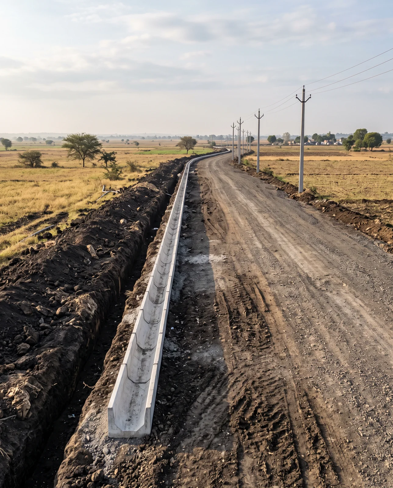 A precast concrete storm-water drain is laid beside a newly graded earth road through dry farmland, a line of new electricity poles running alongside.