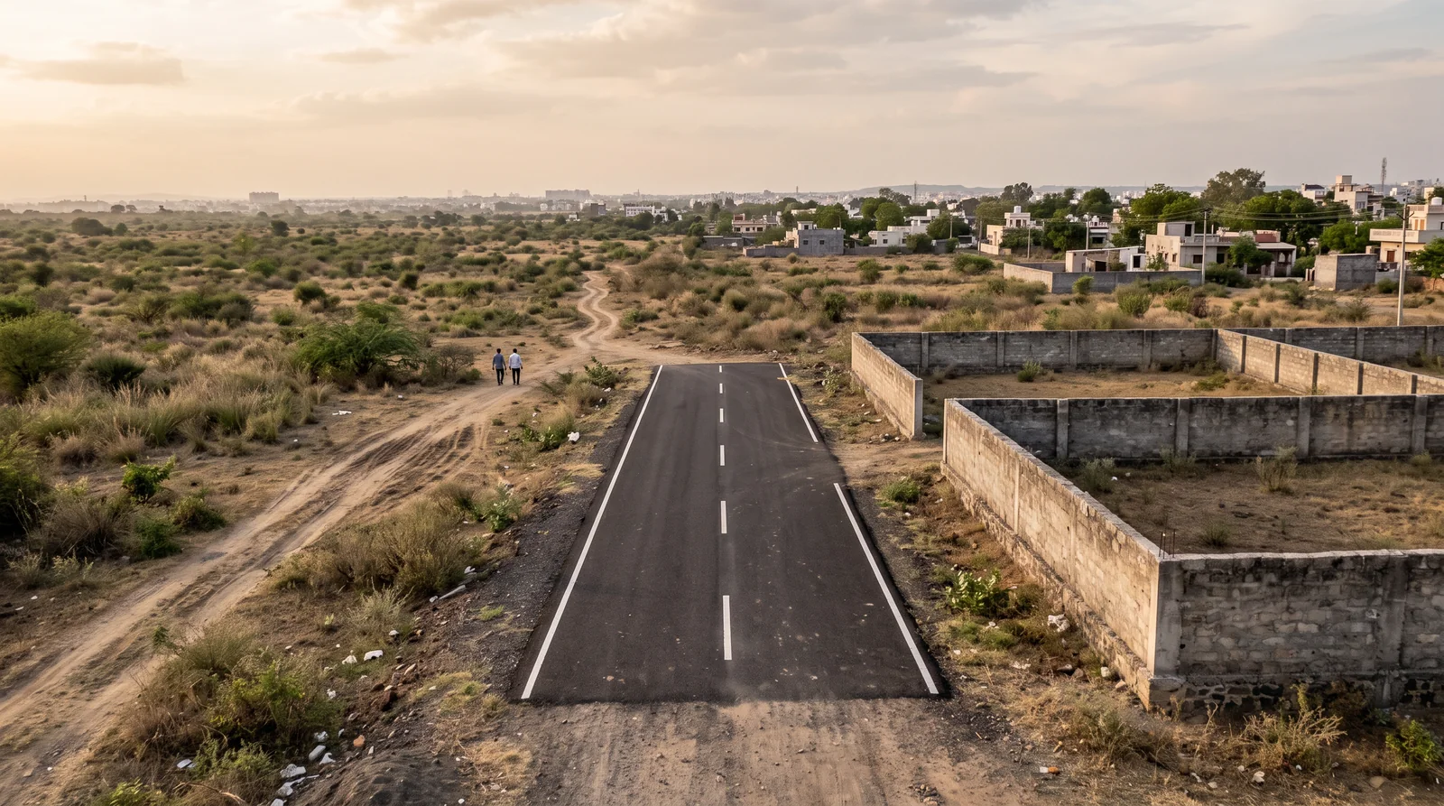 A freshly laid asphalt road with white lane markings stops abruptly in scrubland, a dirt track continuing beyond it and walled empty plots to one side.