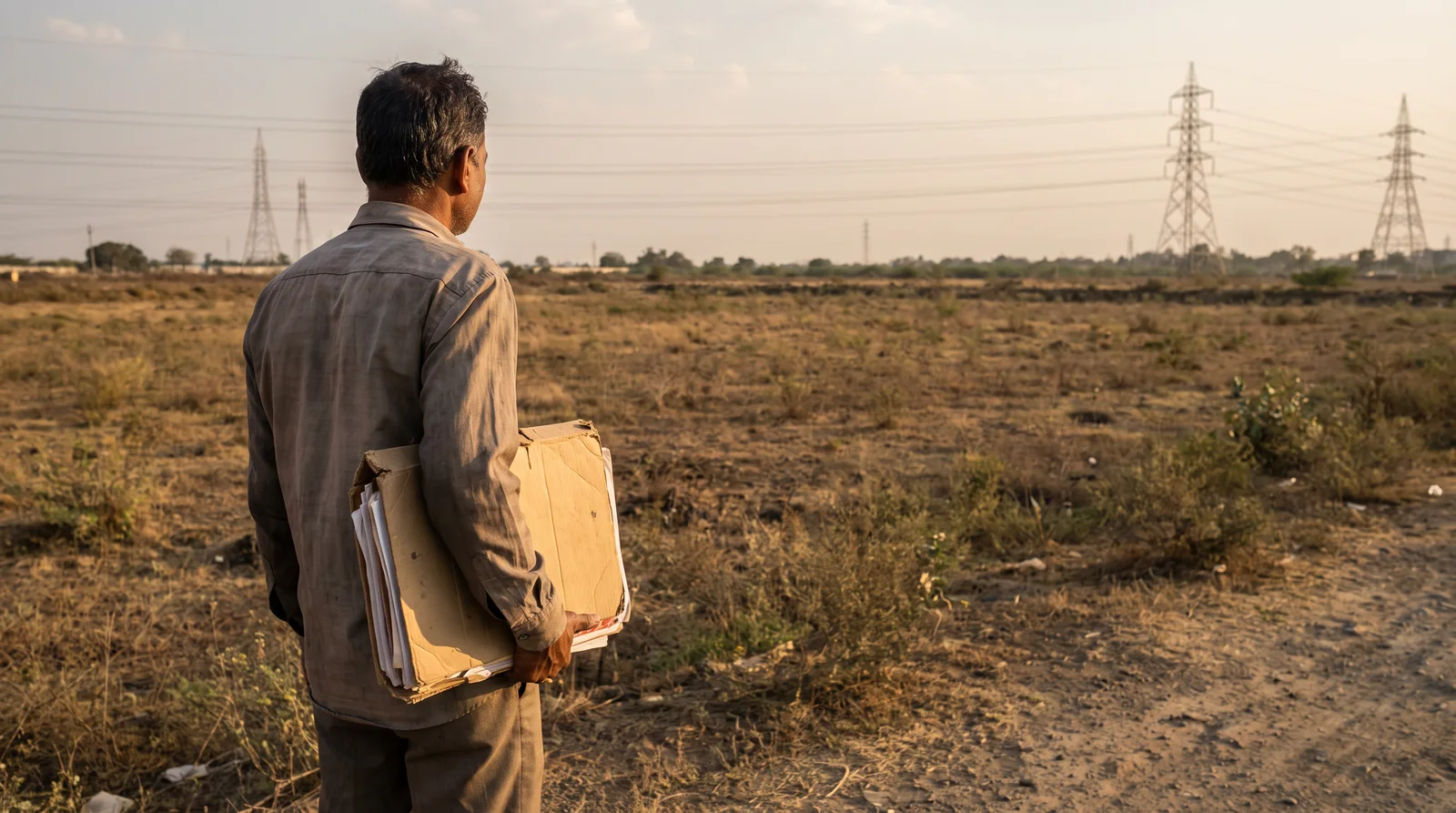 A man holding a thick cardboard folder of papers under his arm stands with his back to the camera, looking across dry open ground toward high-voltage transmission towers.