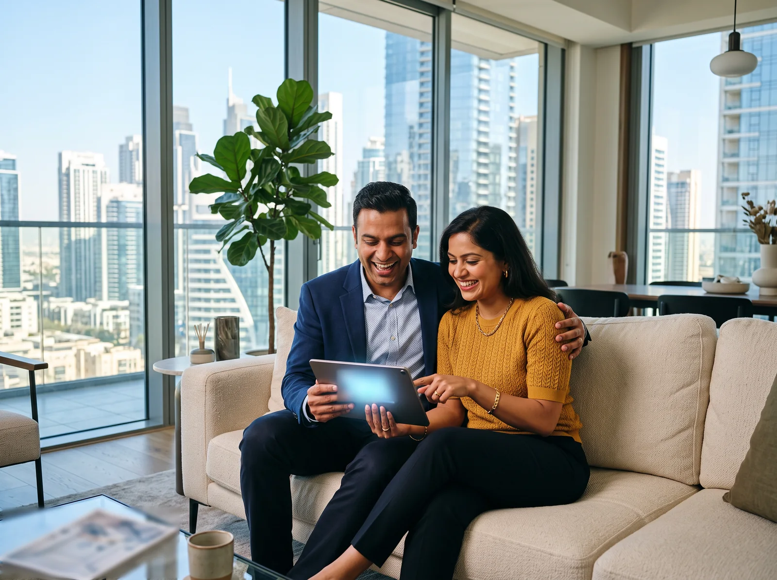 A smiling couple sit on a sofa in a high-rise flat abroad, looking together at a tablet, glass towers of a city visible through the windows behind them.