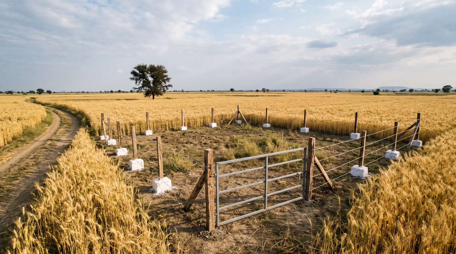 A small square plot fenced with barbed wire on wooden posts and white corner stones, with a new steel gate, sits in the middle of ripe golden wheat fields beside a dirt track.