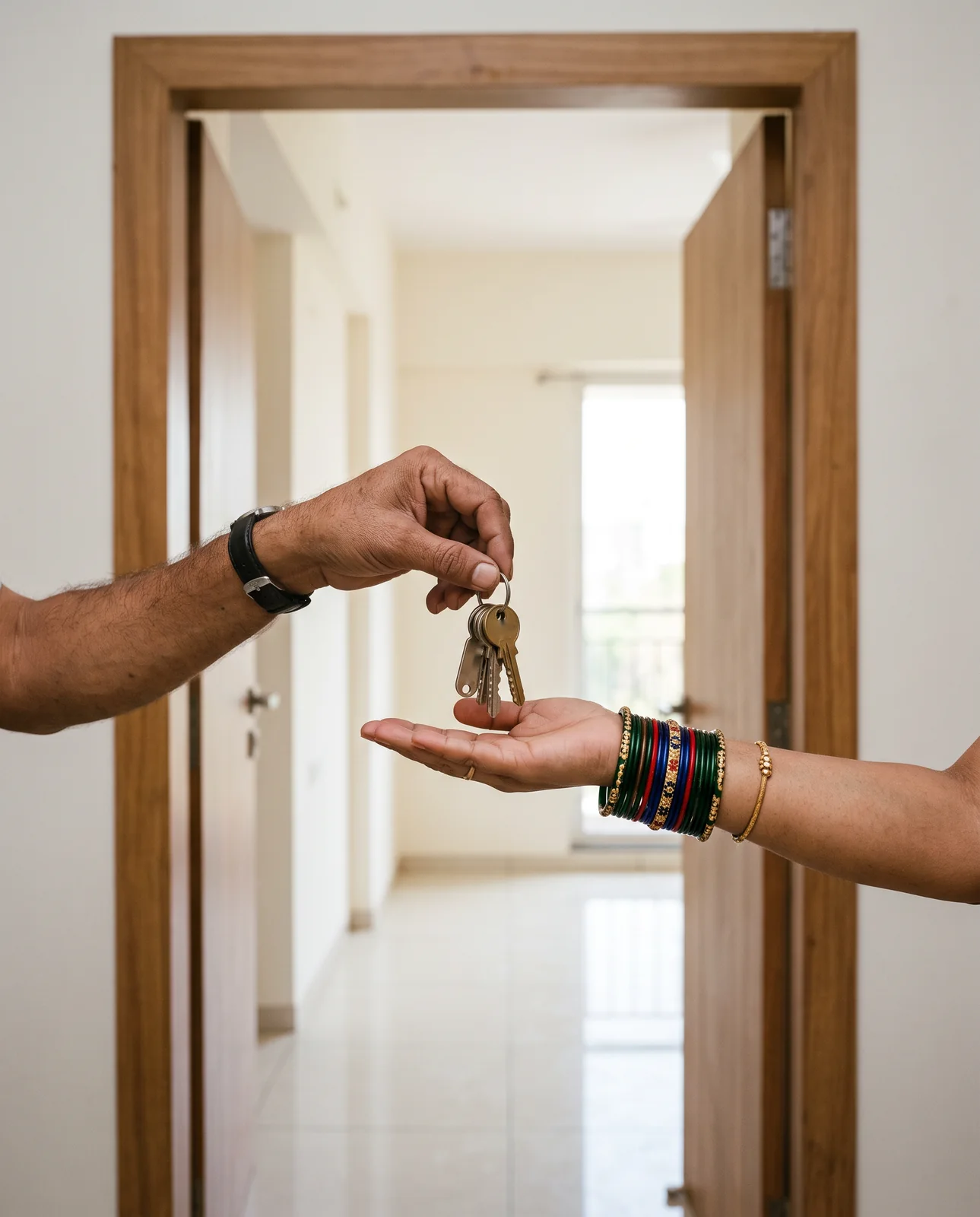A man's hand holds a bunch of brass keys above a woman's open palm, her wrist full of coloured bangles, in the doorway of an empty, newly finished flat.