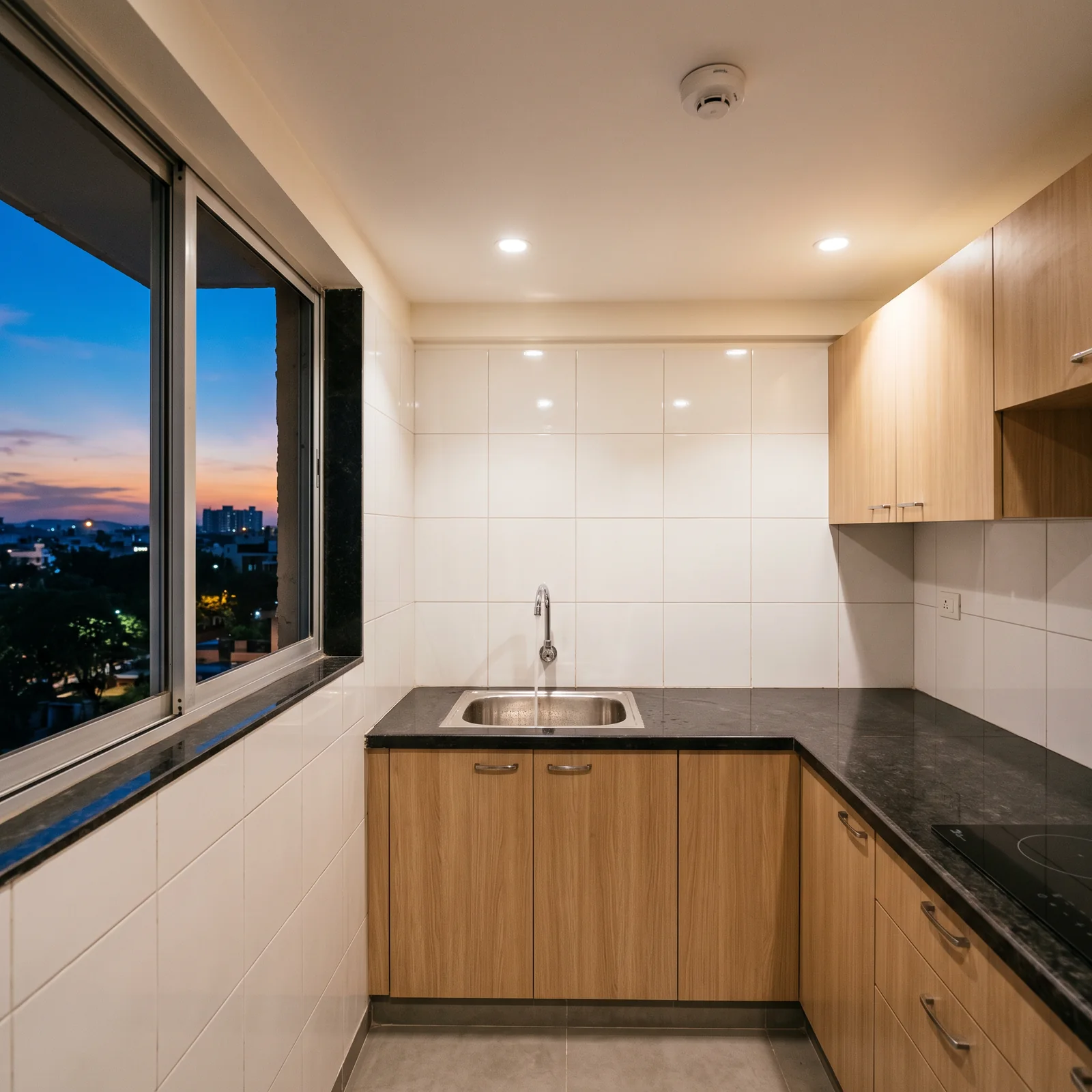 A small finished kitchen with a steel sink, a black stone counter, wooden cabinets, a smoke detector on the ceiling and a window looking over the city at dusk.