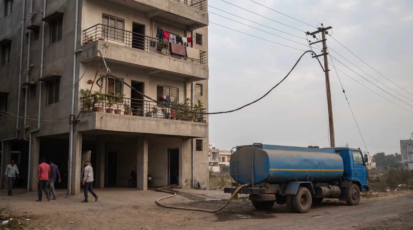 A lived-in apartment block on an unpaved road, a thick cable looped from a roadside pole to a balcony and a blue water tanker filling the building through a hose.
