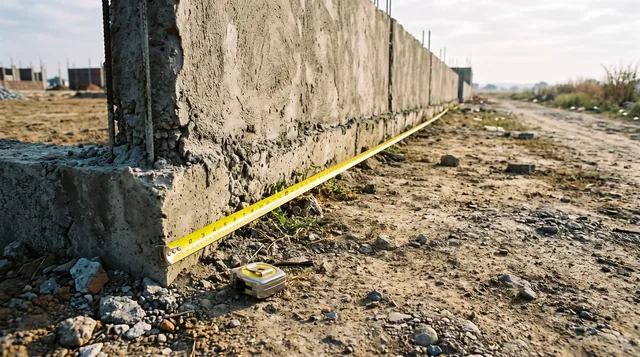 A yellow measuring tape hooked to the foot of a rough concrete boundary wall and run out along the ground of an empty plot.