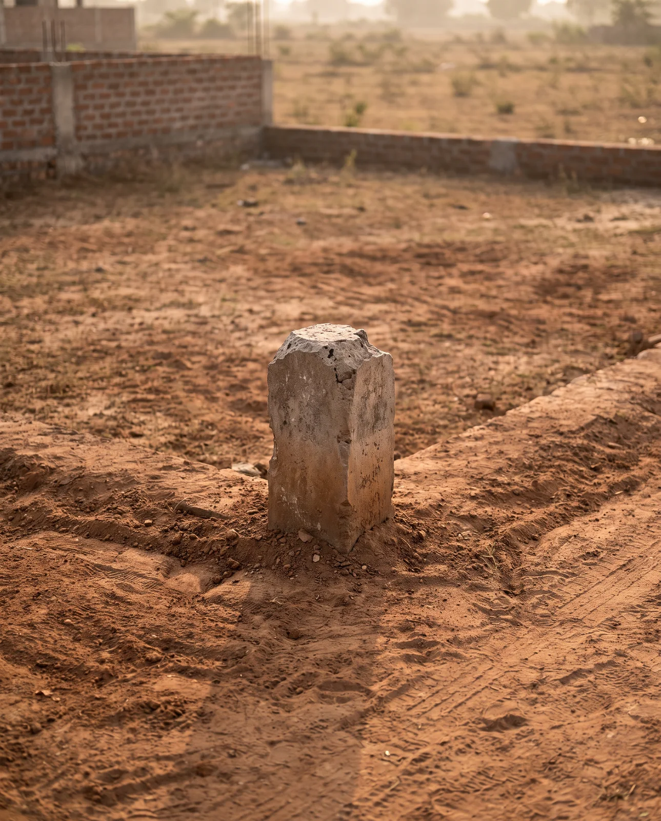 A weathered stone boundary marker standing in freshly graded red earth, with a brick compound wall and open ground behind it.