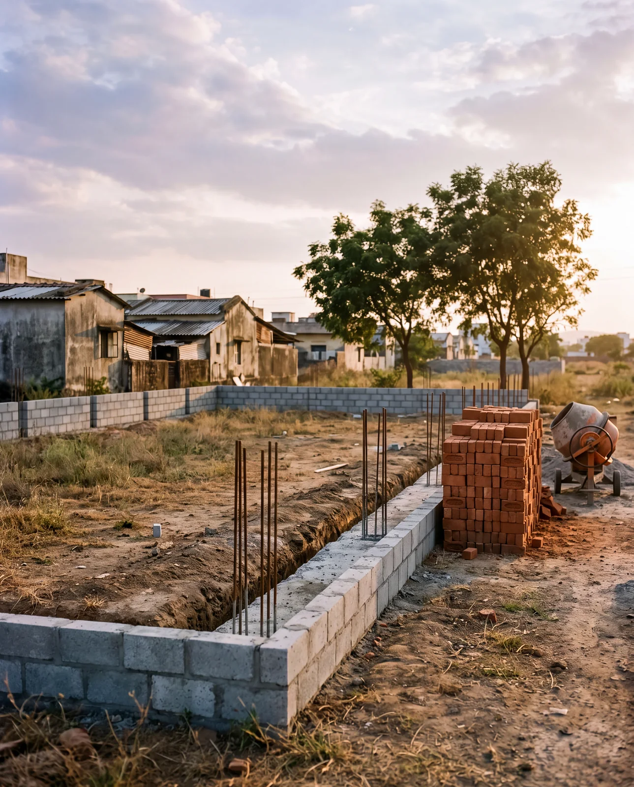 Foundations and building materials on a residential plot at dusk.