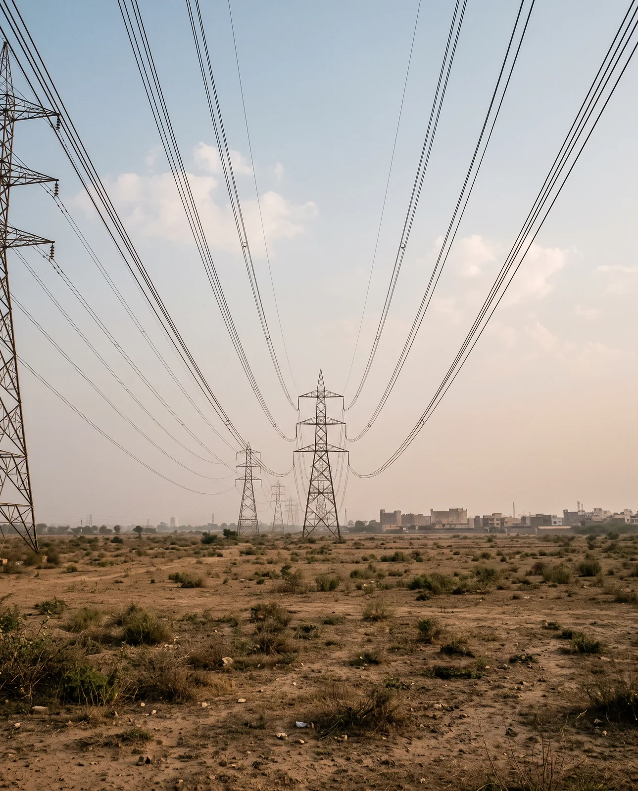 High-tension power lines sag between a row of steel pylons across a scrubby, empty stretch of land, with low buildings on the hazy horizon.