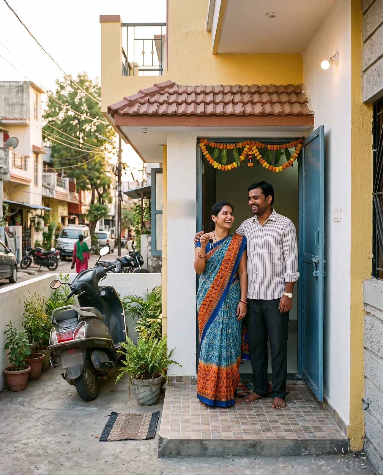 A smiling couple stand in the doorway of a small yellow house hung with a marigold garland, the woman holding up a set of keys, a scooter parked beside the steps.