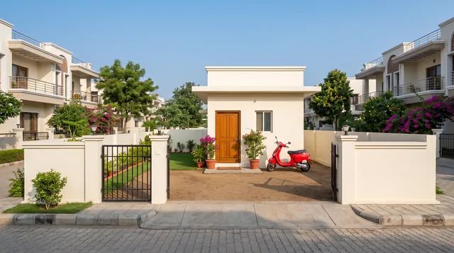 A small single-room house with a wooden door, potted plants and a red scooter stands on a walled plot between two larger houses.