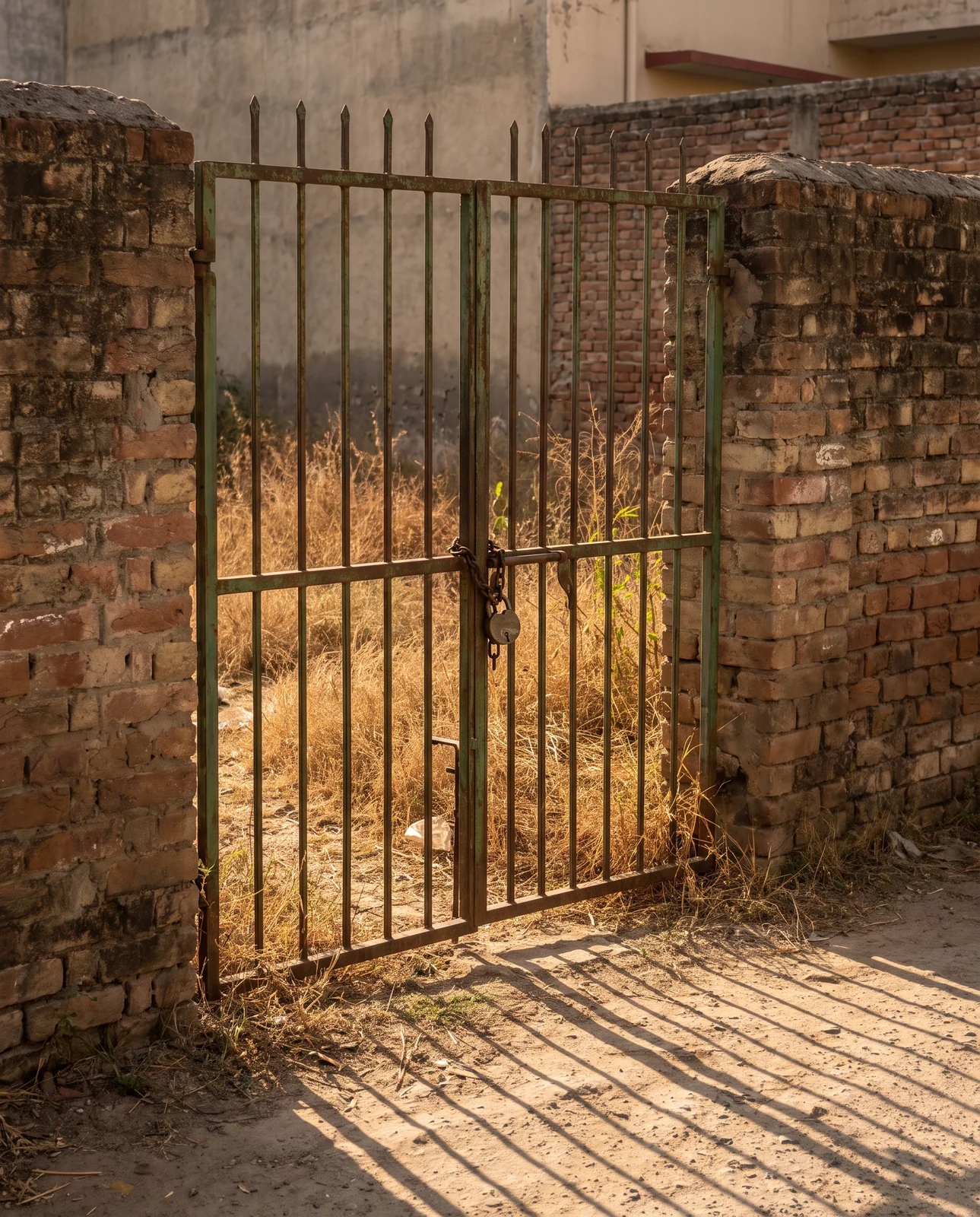 A rusty iron gate between two brick walls is chained and padlocked shut in front of a plot overgrown with dry grass.