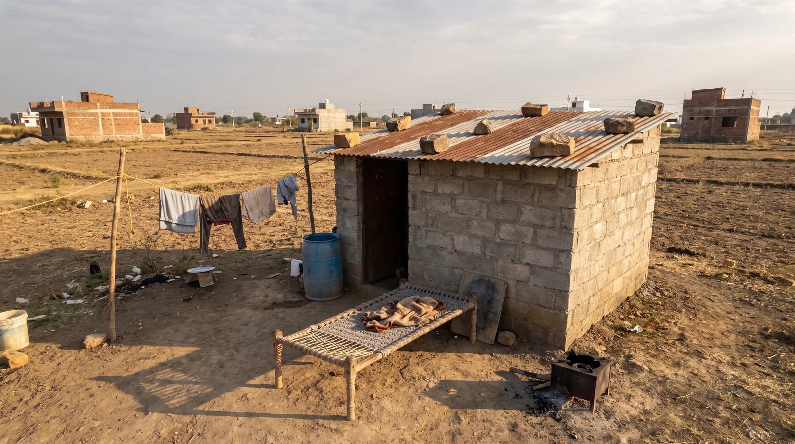 A small block-and-tin shelter on an otherwise empty plot, with a string cot, a blue water drum, washing on a line and a cooking stove outside.