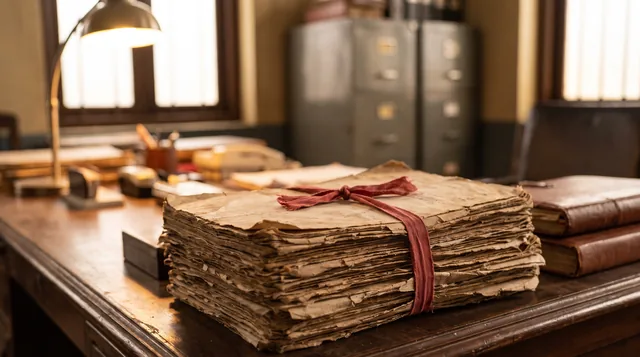 A thick stack of old, frayed papers tied with a red cloth ribbon sits on a wooden office desk, with a lamp and steel cupboards behind.