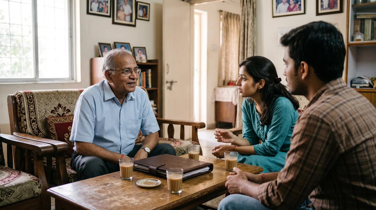 An older man talks with a young woman and a young man across a low table holding a leather folder and glasses of tea.