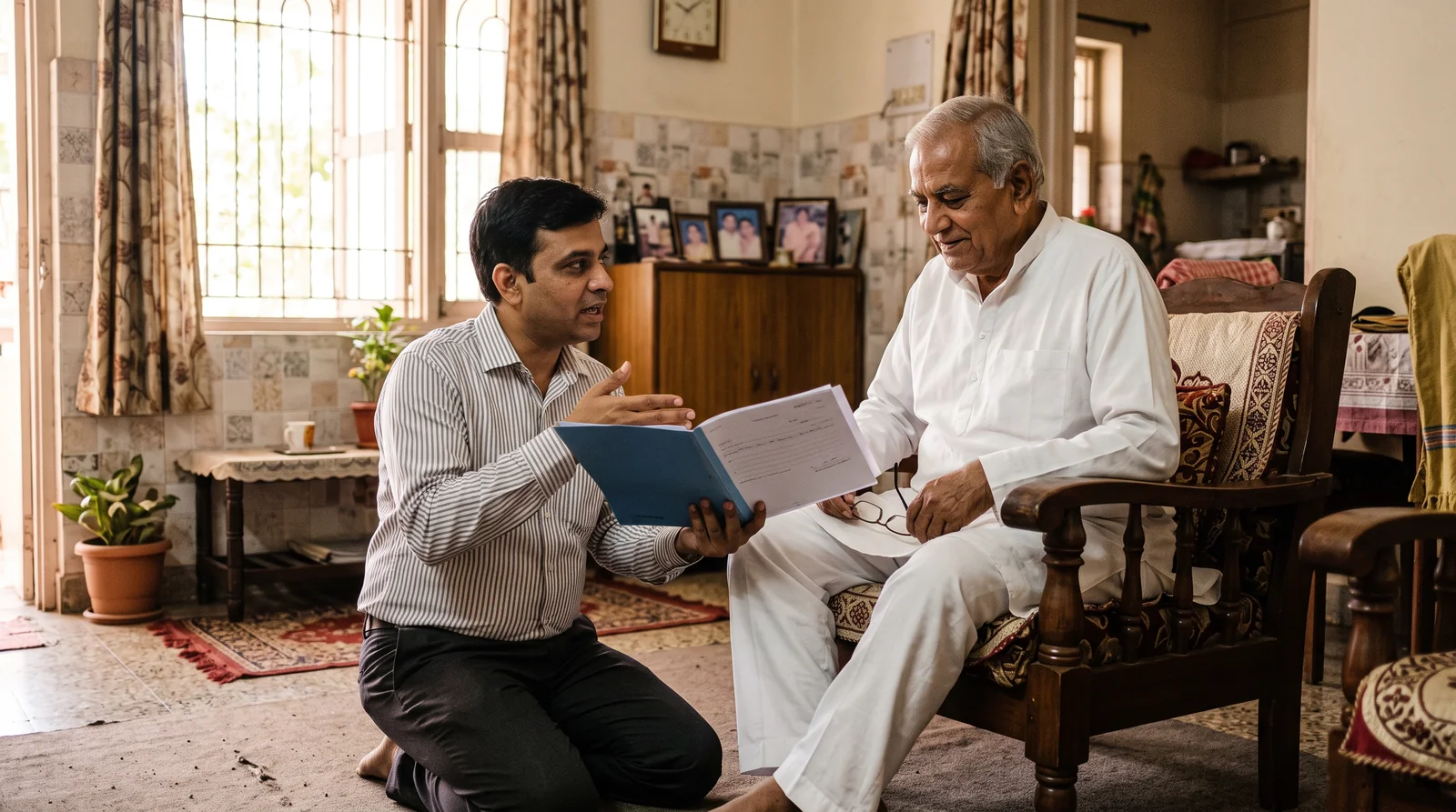 A middle-aged man kneels beside his elderly father in a living room and explains an open blue folder to him.