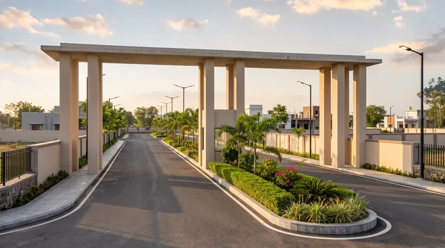A wide entrance gateway of pale concrete columns spans a fresh tarmac road, with a planted median of palms and flowering shrubs and houses still under construction beyond it.