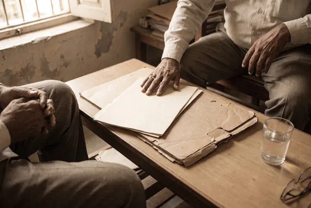 Two men at a wooden table in a sunlit office, one resting his hand on a stack of papers pulled from a worn cardboard file.