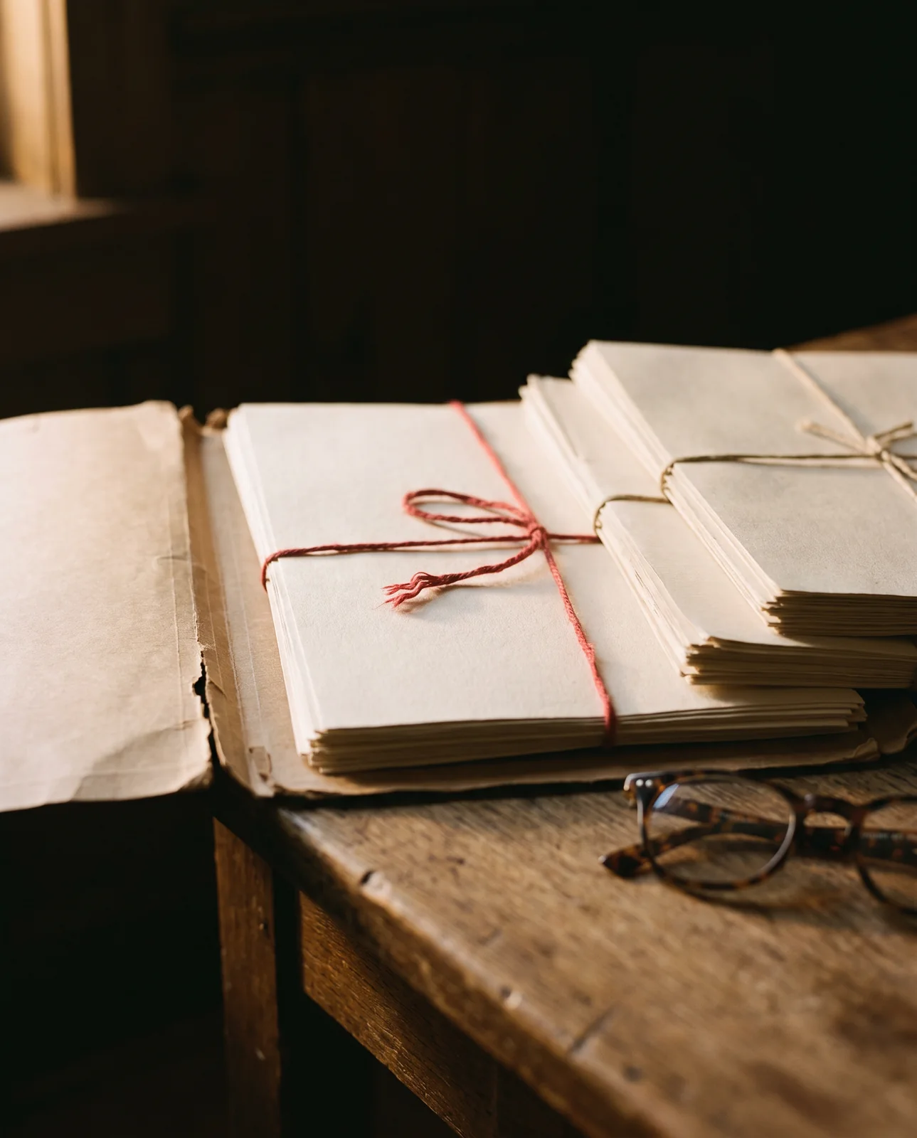 Bundles of old papers tied with red and brown string in an open cardboard folder on a wooden desk, a pair of spectacles beside them.