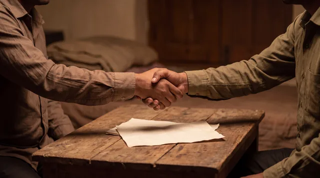 Two men in plain shirts shake hands across a worn wooden table in a dim room, a few sheets of paper lying between them.