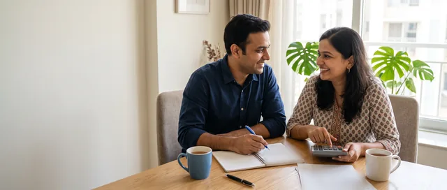 A couple sit at a wooden dining table by a window, the man writing in a spiral notebook while the woman works a calculator, two cups of tea beside them.