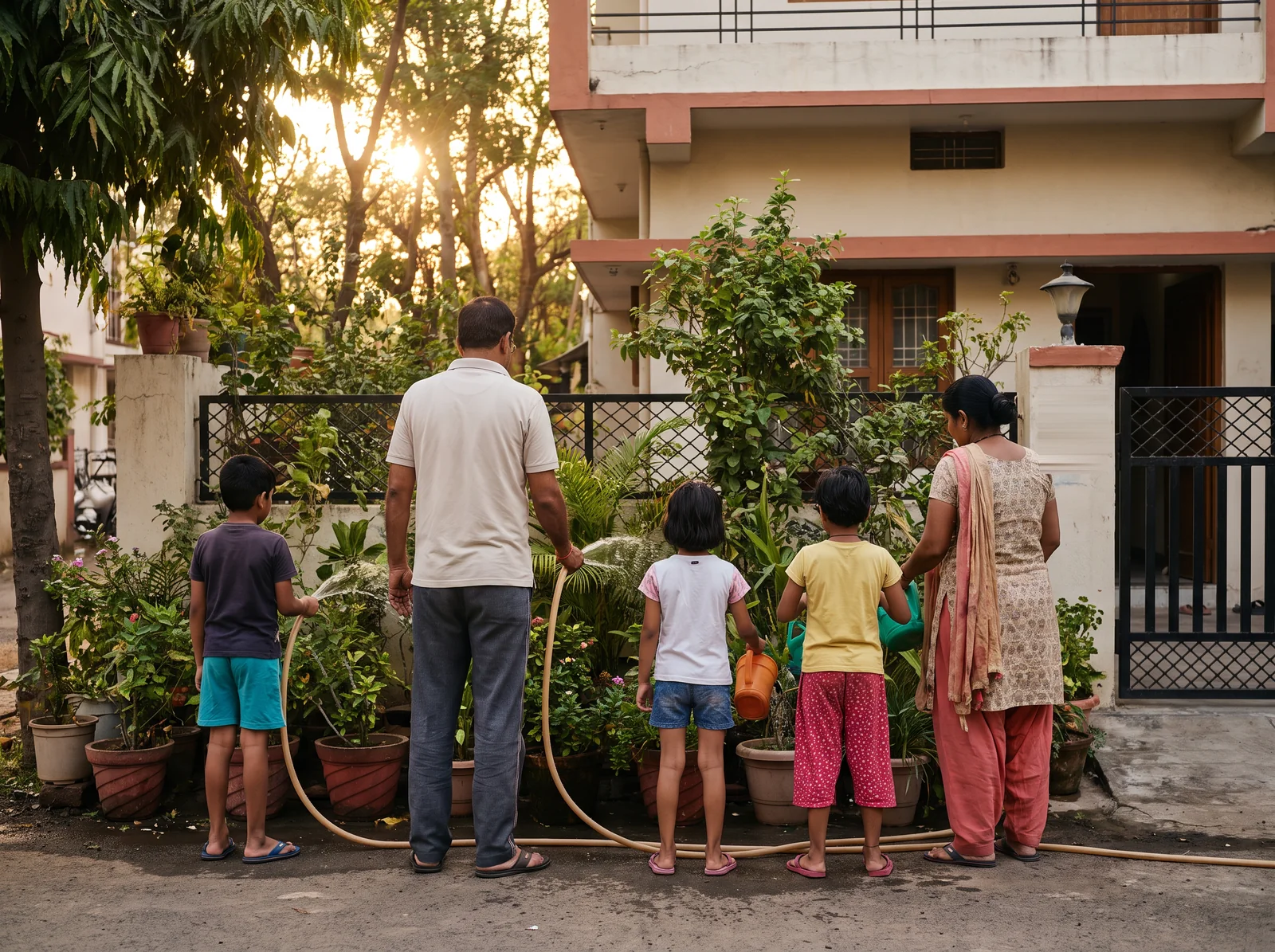 A family of five, seen from behind, water potted plants with a hose and watering cans outside the gate of their two-storey house at sunset.